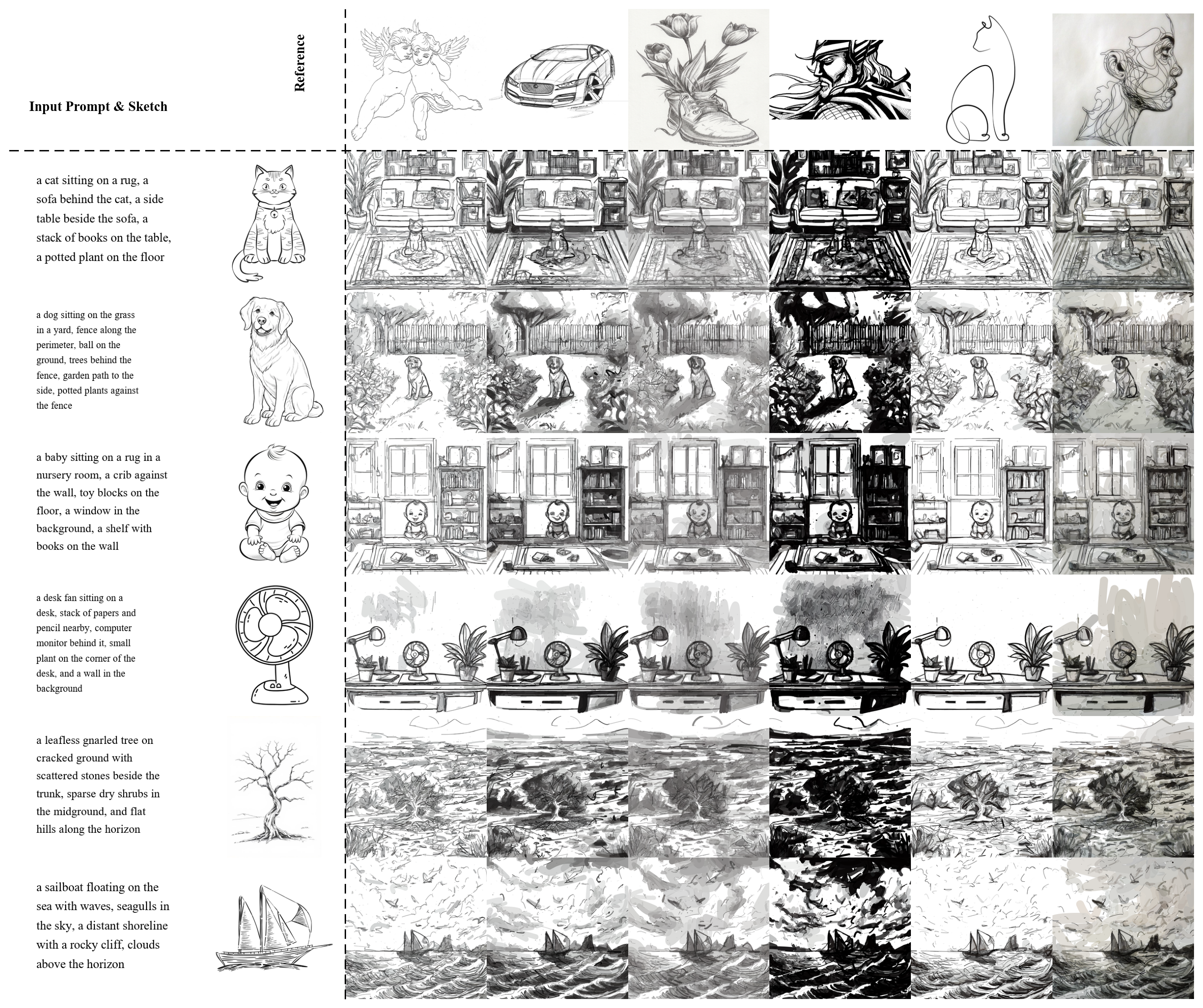 Qualitative SketchBloom results across multiple input sketches and reference styles.