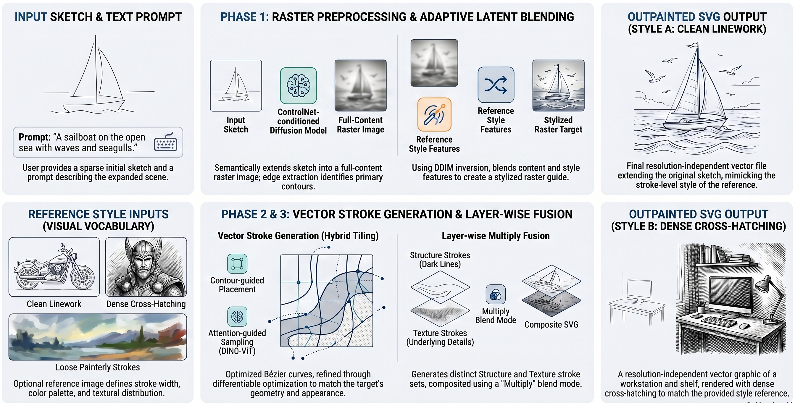 Overview of the SketchBloom raster preprocessing, stroke optimization, and vector fusion pipeline.