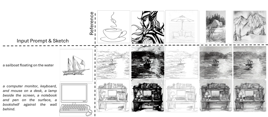 Style-guided vector sketch outpainting results produced by SketchBloom.